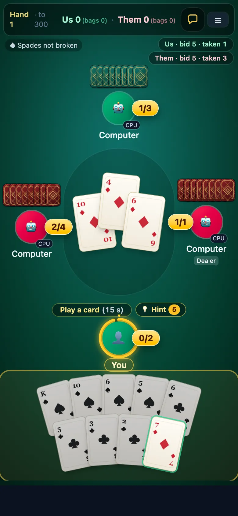 Spades gameplay, screenshot 2