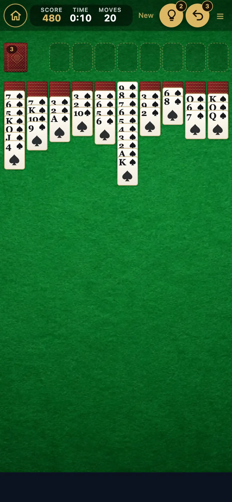 Spider Solitaire gameplay, screenshot 1